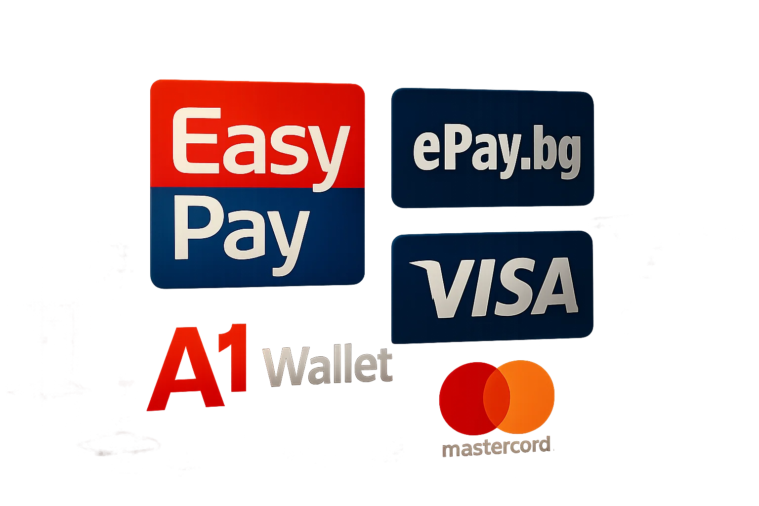 Лога на EasyPay, ePay.bg, A1 Wallet, Visa и Mastercard на тъмен казино фон
