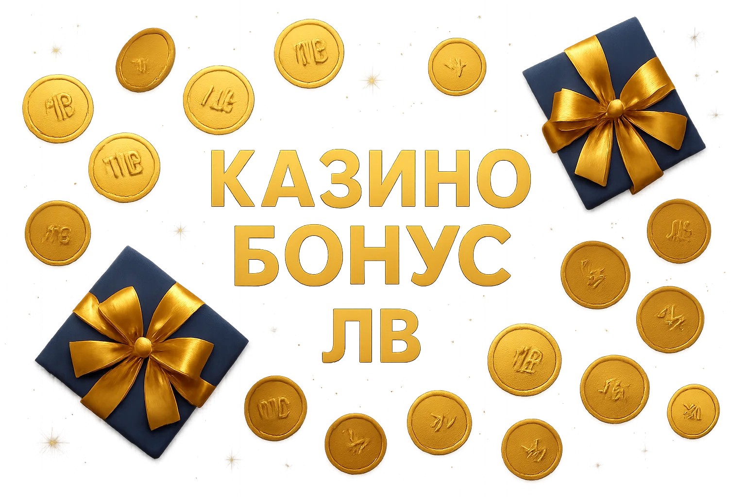 Банер за казино бонус с златни монети, подаръци и искри в лв