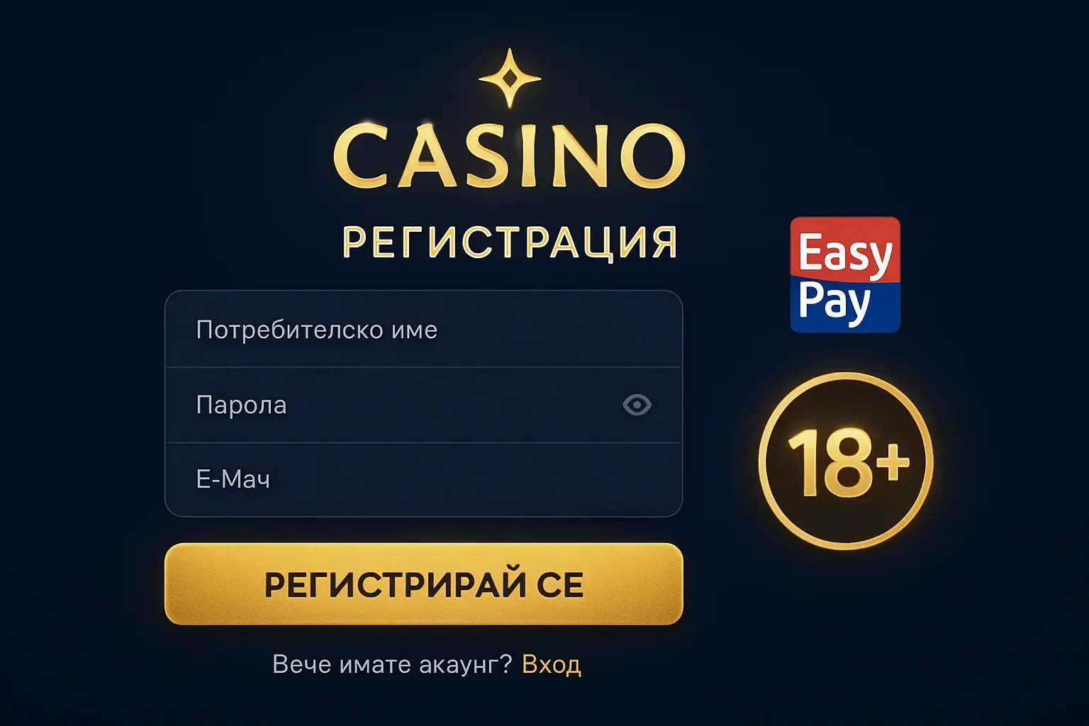 Концепция за регистрация в българско казино с 18+ значка и EasyPay лого