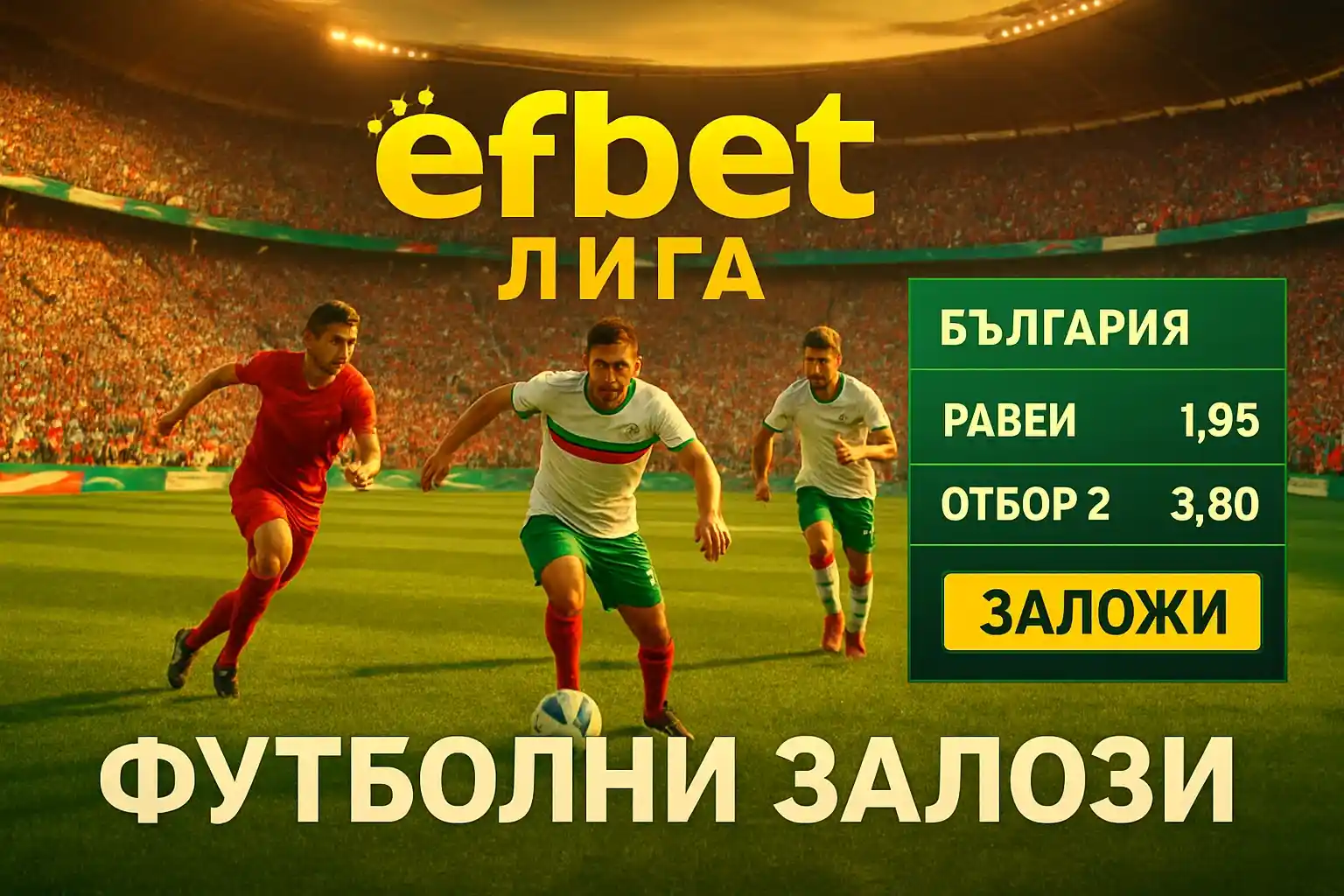 Банер за футболни залози със стадион, efbet Лига и интерфейс за залози